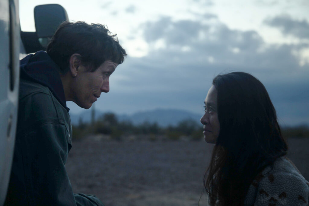 Frances McDormand and writer-director Chloe Zhao on the set of "Nomadland."